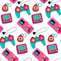 pattern of game items from the 90s. A digital gadget, a joystick in the retro style of the 90s, a water game, tamagotchi. flat illustration, Seamless texture. Retro-style game item vector