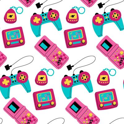 pattern of game items from the 90s. A digital gadget, a joystick in the retro style of the 90s, a water game, tamagotchi. flat illustration, Seamless texture. Retro-style game item