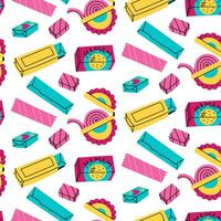 pattern of various chewing gums. Stripes, cubes, spirals. Lots of details. Bright flat color illustration in the form of doodles. Seamless texture. Chewing gum from the 90s, 2000s vector