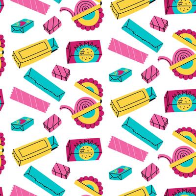 pattern of various chewing gums. Stripes, cubes, spirals. Lots of details. Bright flat color illustration in the form of doodles. Seamless texture. Chewing gum from the 90s, 2000s