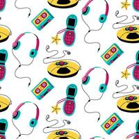 pattern of musical objects from 90s in the style of pop art. Player, headphones, cassette, phone. Color illustration in the form of flat doodles. Seamless texture of a music player, headphones vector