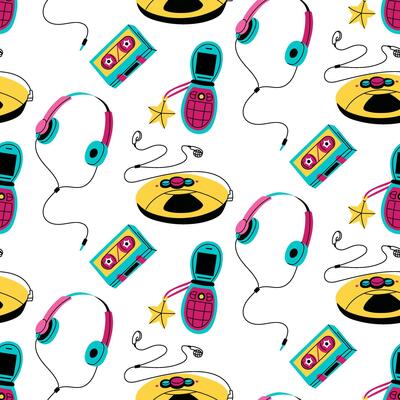 pattern of musical objects from 90s in the style of pop art. Player, headphones, cassette, phone. Color illustration in the form of flat doodles. Seamless texture of a music player, headphones