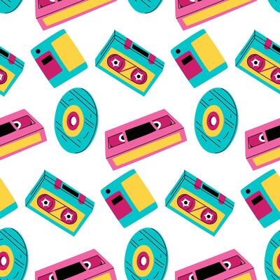 pattern for storing audio data from the 90s, 2000s. Flat color texture. In pop-retro style for greeting cards or posters, for printing on clothes. Fashion and style, clothing, accessories