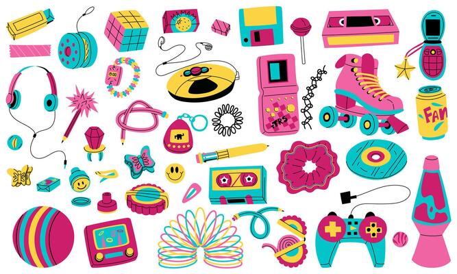 set of retro 90s elements. Colored flat. Concept of the 90s. Player, games, pencil, jewelry, food, drinks, disc, cassette, videos. Items for children. Y2K, 2000s, collection of retro elements from 90s