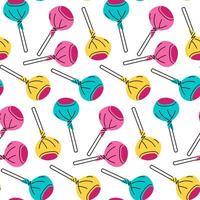 pattern is multicolored chupa chups, lollipops in a package. Texture of the flat color illustration depicts candies on sticks. Private. Bright yellow, pink, blue. Sweets of the 90s, 2000s. Retro vector