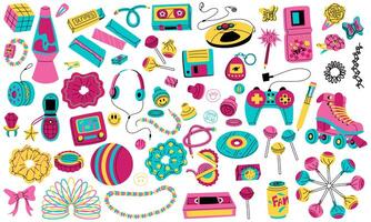 set of elements in the retro style of the 90s. color flat illustration. The concept of the 90s. Player, games, pencil, jewelry, food, drinks, discs, cassettes. Y2K, 2000s, of retro elements from 90s vector