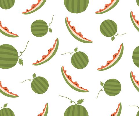 Seamless pattern of green Watermelon and slices highlighted on a white background. design for summer Juicy textile prints and Backgrounds, Festive watermelon day pattern.
