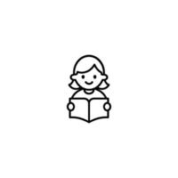 Outline minimalist Icon of Cute Girl Reading a Book Flat Design for Education and Kids Content vector