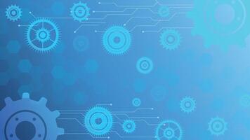 Modern blue background featuring digital gear icons and circuit lines ideal for technology engineering automation software and innovation themed design projects vector