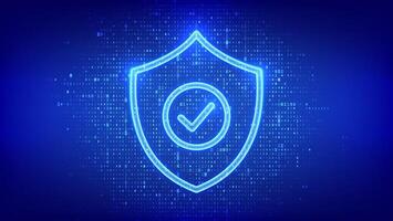 Security shield. Cyber security. Protection shield with Check mark icon made with binary code. Cyber data protection. Information privacy. Digital code background with digits 1.0. illustration. vector