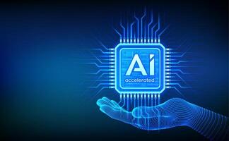 AI chip with the inscription AI Accelerated in wireframe hand. CPU microchip. Concept of artificial intelligence technology. AI accelerated processor chip. Machine learning. vector