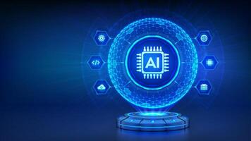 AI. Artificial intelligence technology concept. Artificial intelligence in the form of a holographic sphere with a hexagonal pattern. Neural networks. Big data. Machine Learning. illustration. vector