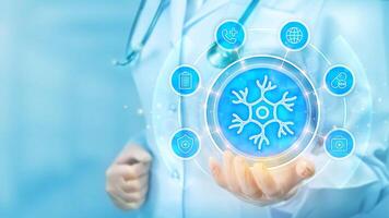 Neurology medical concept. Nerve health. Neural communication, brain function. Human neuron cell. Doctor holding in hand Nerve cell icon and medical icons network connection. vector