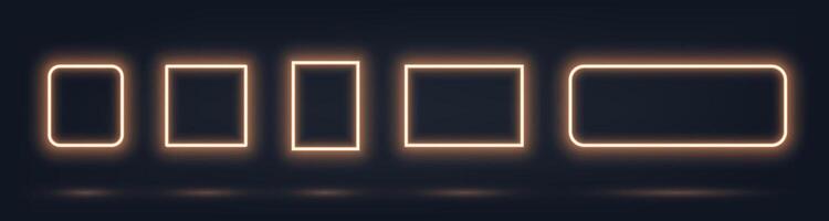 Square gold glowing frame set. Light effect borders. Neon design elements vector