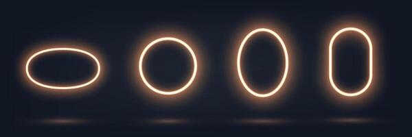 Circle Light frame set. Gold glowing border. Bright neon design elements on black background vector