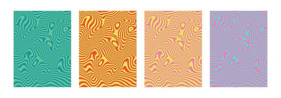 Summer juicy liquify backgrounds. Abstract marble twisted and distorted posters. Hypnotic wavy lines. Retro psychedelic acrylic texture. Hippie groovy swirls, spirals, twirls. Banner template. . vector