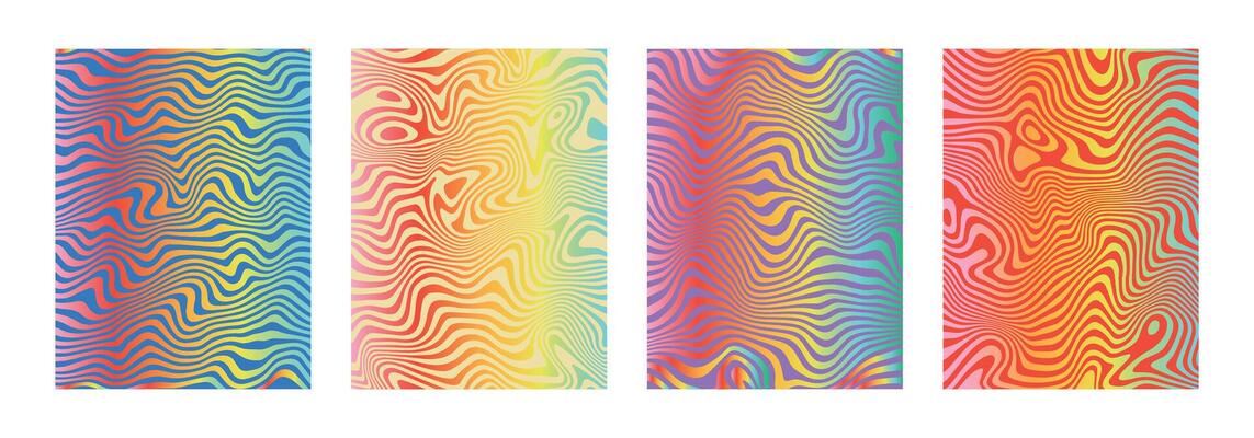 Iridescent gradient liquify backgrounds. Abstract rainbow distorted posters. Marble twisted banner. Psychedelic acrylic texture. Retro hippie groovy swirls, spirals, waves, twirls. .