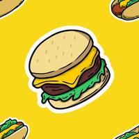 A seamless repeating pattern featuring cute cartoon style illustrations of hamburgers with buns, patty, cheese, and lettuce, interspersed with partially visible hot dogs vector