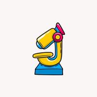 simple cartoon illustration of a microscope. The microscope has a yellow body with a blue outline and base vector