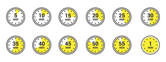 Timer icons set, Countdown timer symbol icon set., twelve timer indicators from 5 to 55 minutes or 1 hour., Timer, clock, stopwatch isolated set icons. illustration. vector