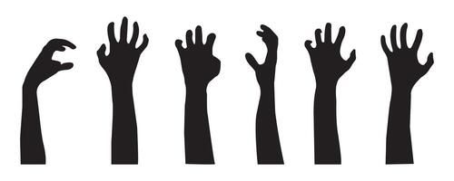 Hand silhouette, Different Positions Hands, creepy zombie hands silhouette illustration set. vector