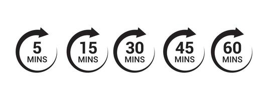 Minute timer icons set. black signs chronometer, Countdown timer showing minutes. Deadline or recommended, measurement for cooking. time counter. illustration, vector