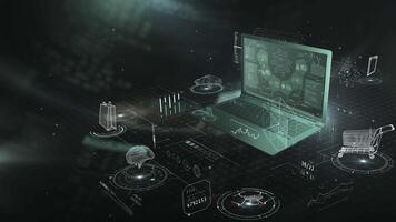 Laptop showing interface with shopping and delivery icons in augmented reality video