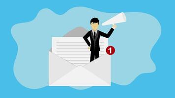 Animated Businessman standing in email envelope announcing promotion through video