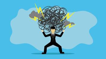 Animated Pressure from too much responsibility concept, tried exhausted businessman carrying heavy messy line on his back video