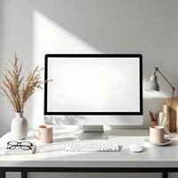 Modern Minimalist Workspace Setup with Blank Computer Screen photo