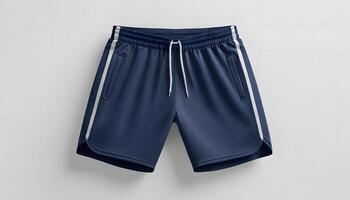 Stylish Navy Blue Athletic Shorts with White Side Stripes Perfect for Summer Workouts or Casual Wear Mock up template for design print photo