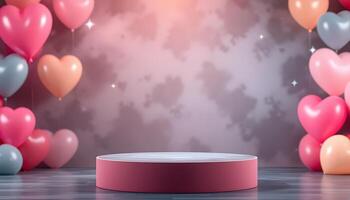 Romantic Valentine's Day Product Display Heart Balloons and Pink Pedestal 3D Rendering photo
