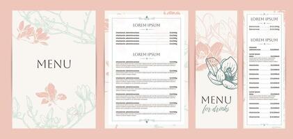 Elegant food and drinks menu designs. Restaurant menu template. Beautiful A4 format with high quality flowers for print and online usage. Pastel hand drawn line art magnolia illustrations. vector