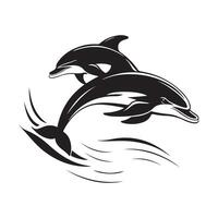 Two playful dolphins leaping together out of the water vector