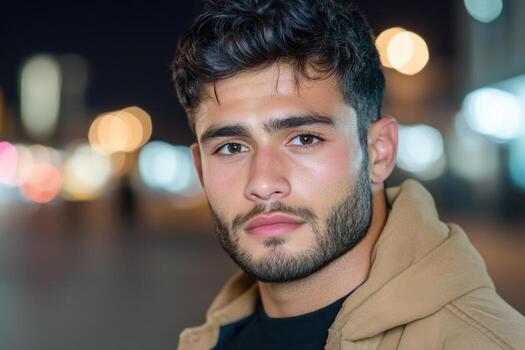 un hombre con un barba y un capucha es mirando a el cámara foto