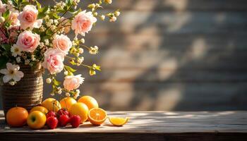 Still Life with Pink Roses, Oranges, and Strawberries on Wooden Table photo