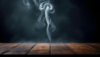 Mystical Smoke Rising Above a Rustic Wooden Table photo