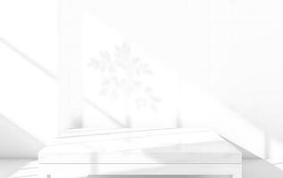 White Minimalist Marble Tabletop Display with Sunlight and Leaf Shadows photo
