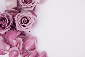 Delicate arrangement of pink roses and petals for a serene floral display photo