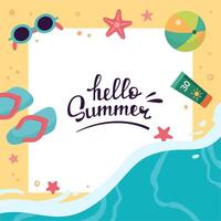 Summer copy space, square frame template. Hello summer lettering. Summer design template, illustration. Layout design. Sandy beach with sea waves. Summer banner, background. Vacation concept vector