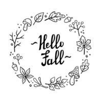 HELLO Fall handwritten lettering. Autumn decorative frames set with mushrooms, oak leaves, maple leaves, acorns. Illustration in Doodle style. Autumn template, border, copy space collection vector
