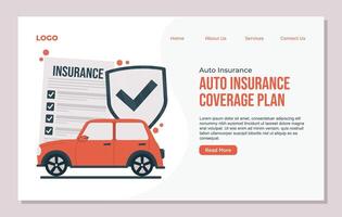 Auto insurance claim landing page template with car and check mark. vector