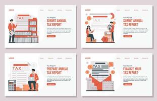 Landing page template Annual tax report concept illustration set with online form filling, payment calculation, and financial responsibility illustration vector