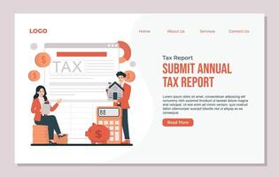 landing page Annual tax report concept with online form filling, payment calculation, and financial responsibility illustration vector