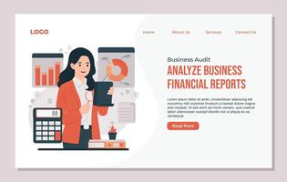 Landing page template for analysis of financial statements Business audit . Flat illustration. vector