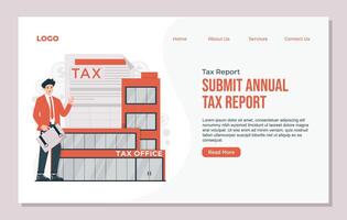 landing page Tax report concept showing online submission, income calculation, and annual financial documentation process vector