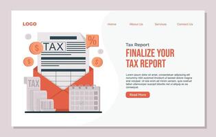 landing page Online tax report illustration with digital form filling, payment estimation, and yearly tax responsibility vector
