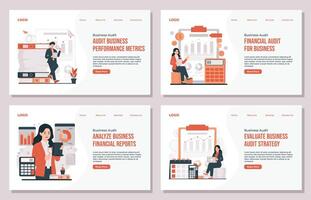 Landing page template Business audit illustration set with characters analyzing finance, presenting reports, and evaluating data in a clear and professional setting vector