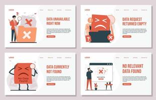 Landing page template No data concept Illustration set showing data error, missing files, and corrupted documents symbolizing no data access or failure vector