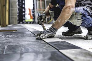 Artistic installation of detailed tile cutting and setters photo